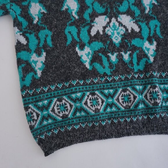 Vintage Grey Green Floral Knit Crewneck Fair Isle Fisherman Sweater S - Picture 7 of 10